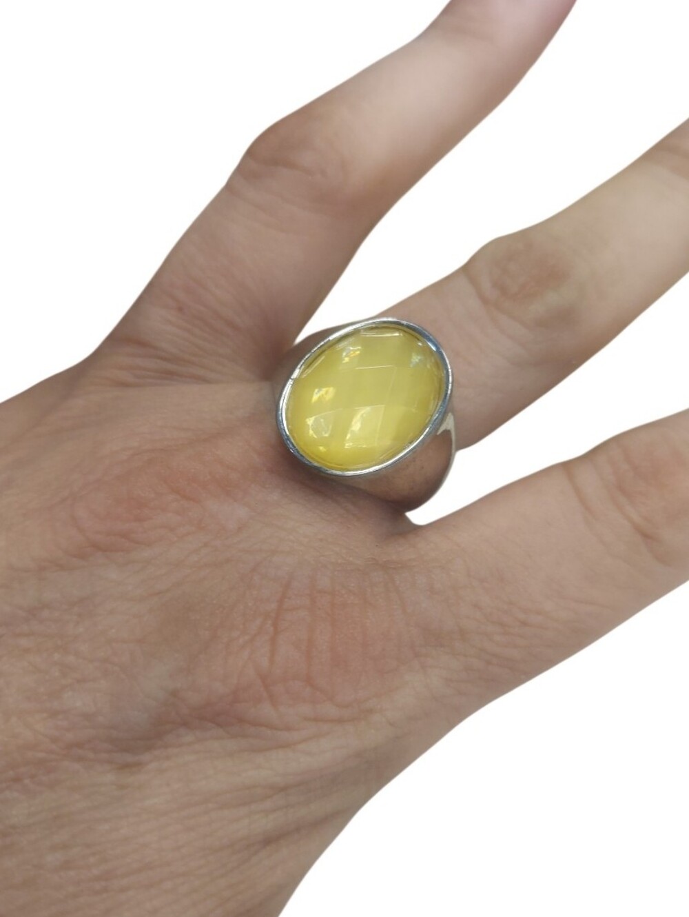 R143 Unisex Yellow Oval Faceted Cabochon Silver Fashion Ring